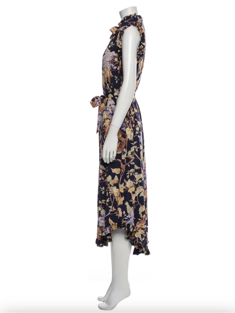 Zimmermann Navy Floral Ruffled Tie-Neck Midi Dress Silk SZ 3 - Picture 3 of 5